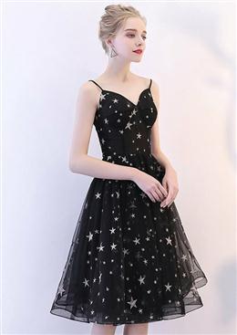 Picture of Black Color Short V-neckline Lovely Prom Dresses, Black Color Homecoming Dresses Party Dresses